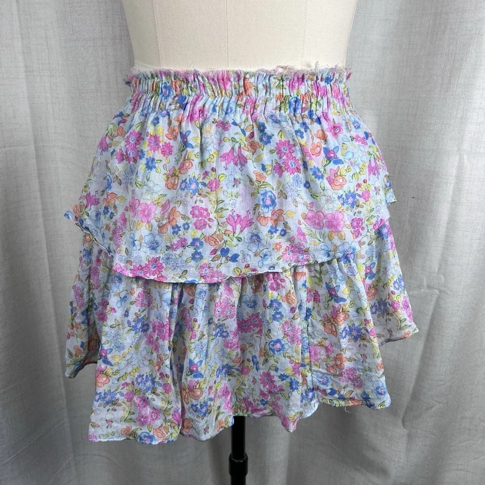 LoveShackFancy Ruffle Tiered Mini‎ Skirt Coral Reef Waves Floral Blue Small